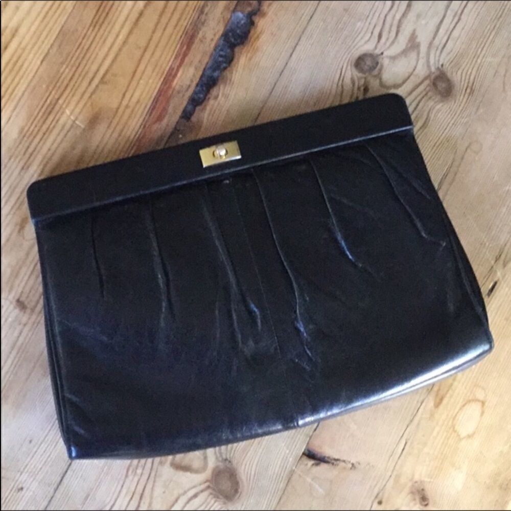Vintage Charles Jourdan Paris Clutch Black Leather Bag Purse